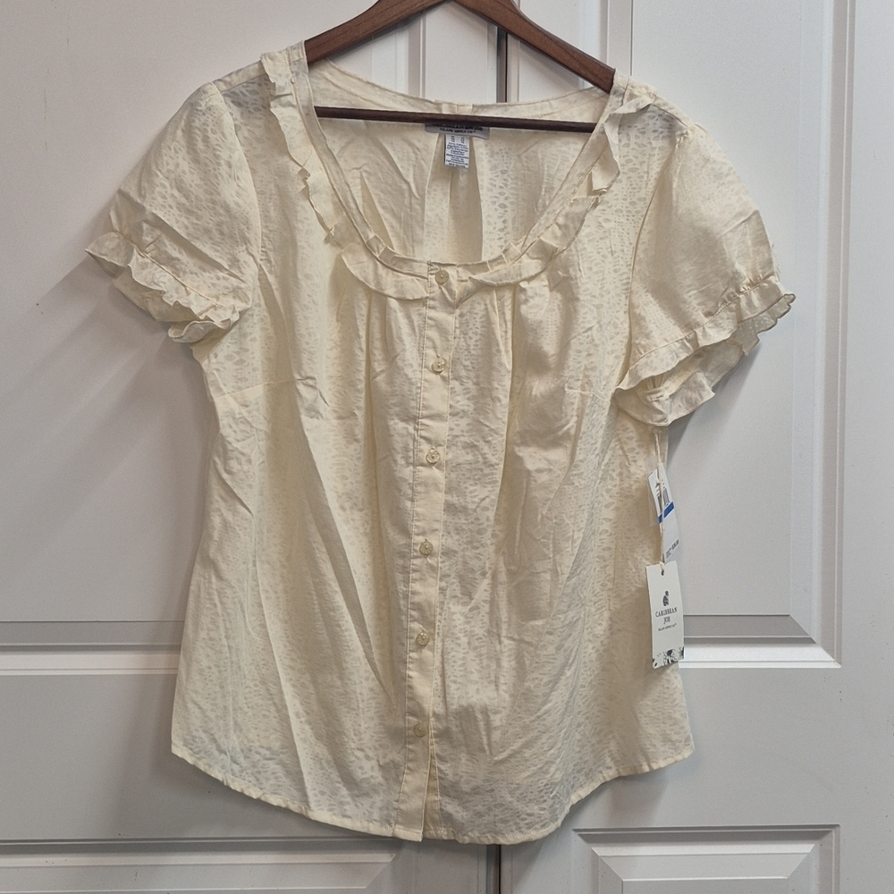 NWT Caribbean Joe Women's Cream Short Sleeve Button Up Blouse Ruffle Detail